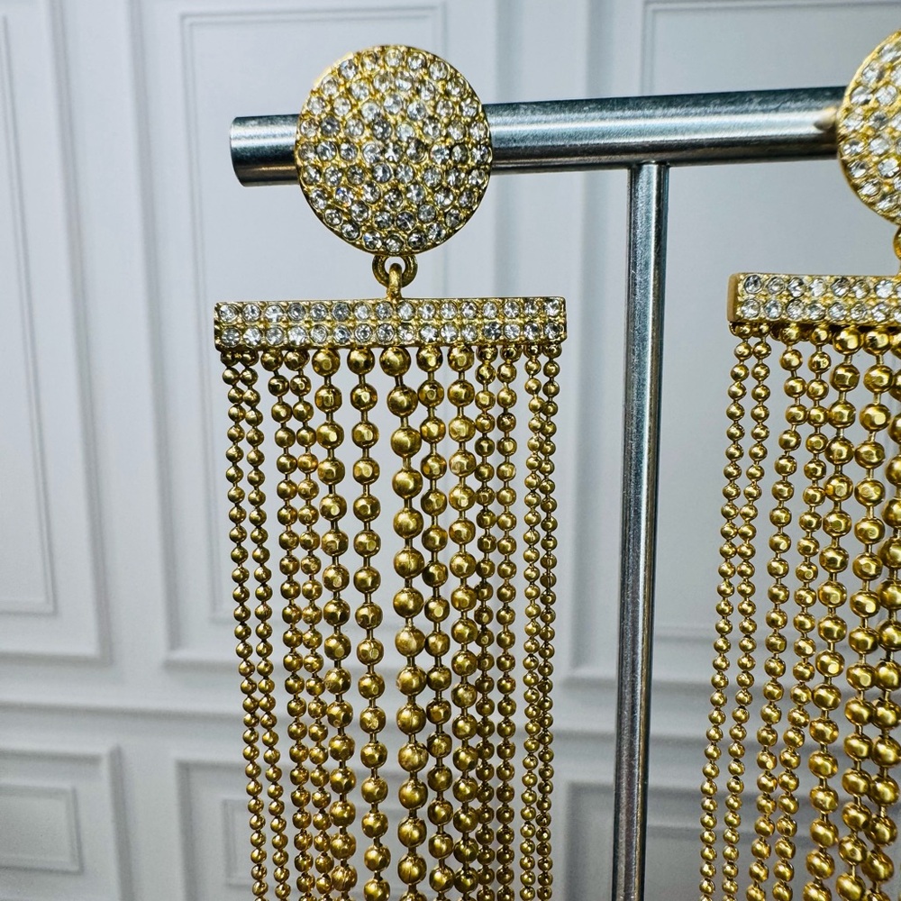 Gold Tone & CZ Tassel Statement Earrings - SKU G - Picture 2 of 5